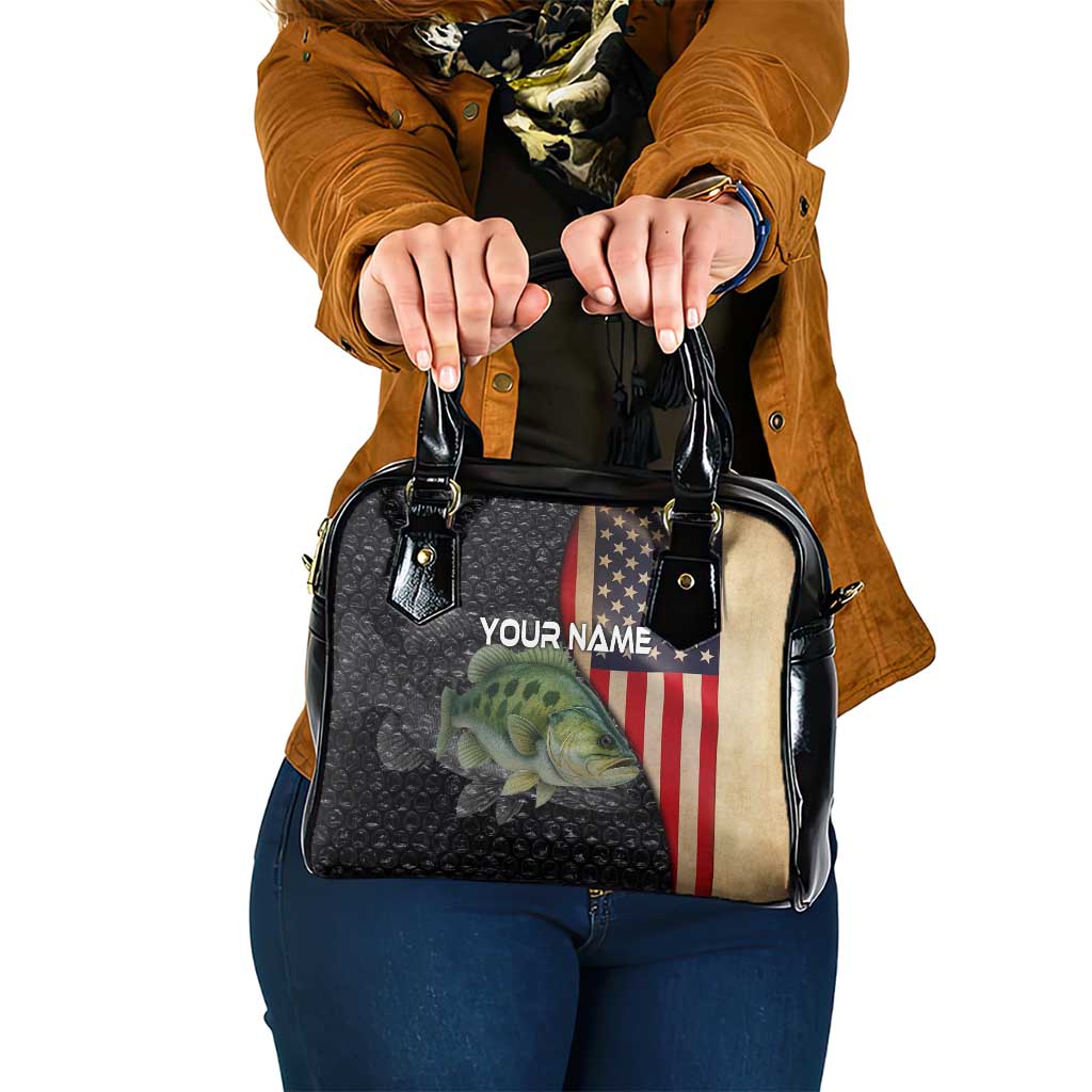 Custom Largemouth Bass Fishing Shoulder Handbag American Flag and Bubble Texture Background TS04