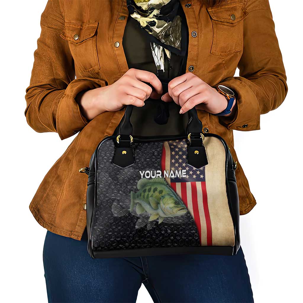 Custom Largemouth Bass Fishing Shoulder Handbag American Flag and Bubble Texture Background TS04