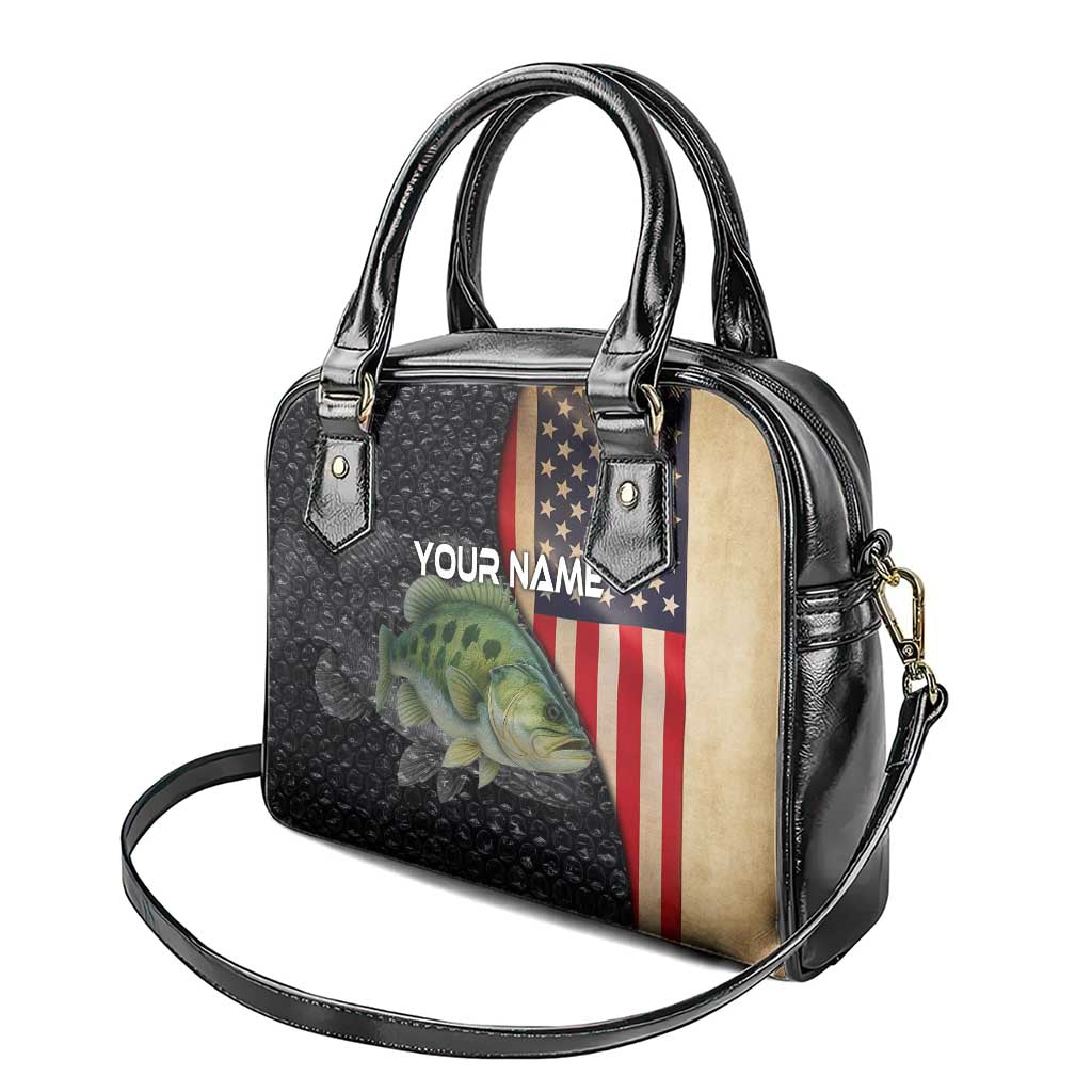 Custom Largemouth Bass Fishing Shoulder Handbag American Flag and Bubble Texture Background TS04