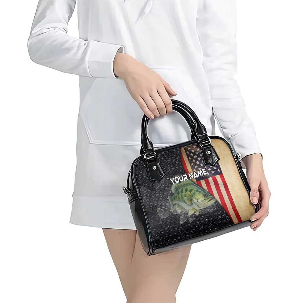 Custom Largemouth Bass Fishing Shoulder Handbag American Flag and Bubble Texture Background TS04