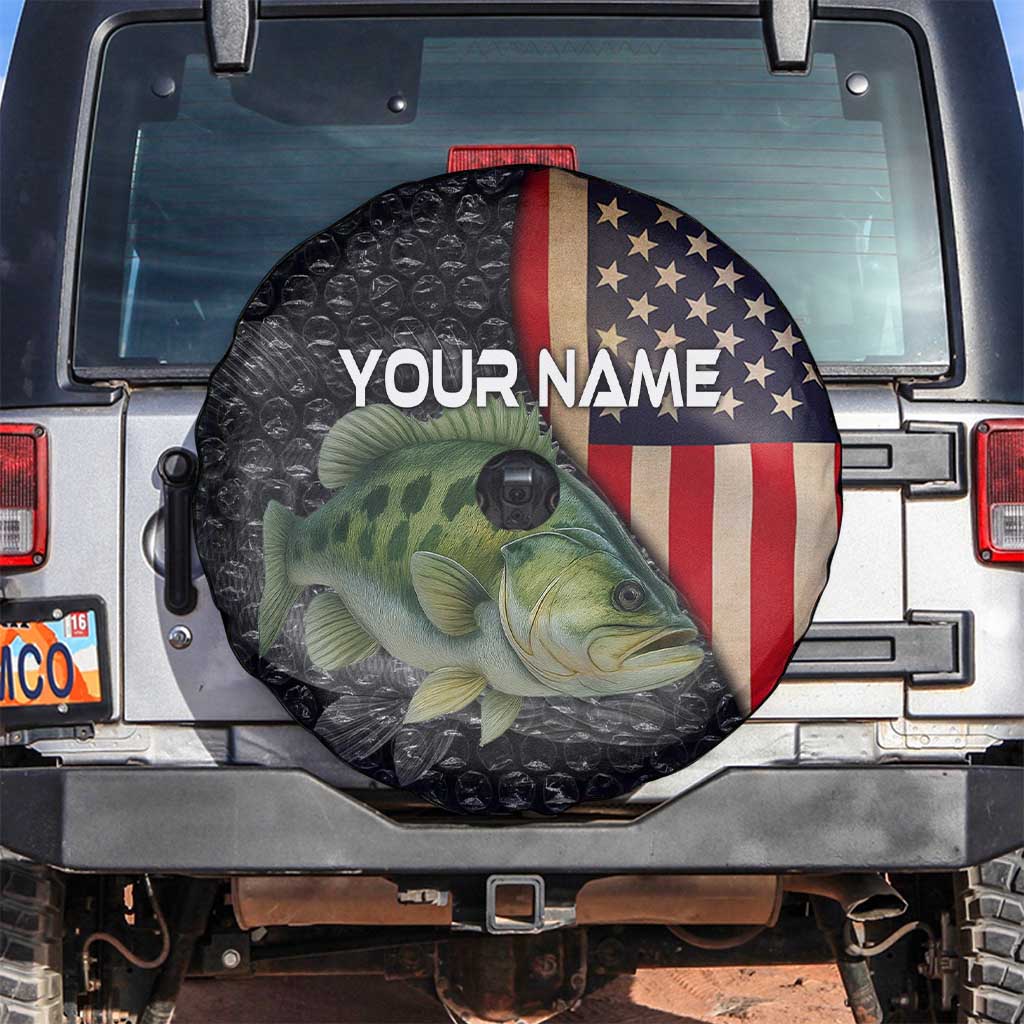 Custom Largemouth Bass Fishing Spare Tire Cover American Flag and Bubble Texture Background TS04