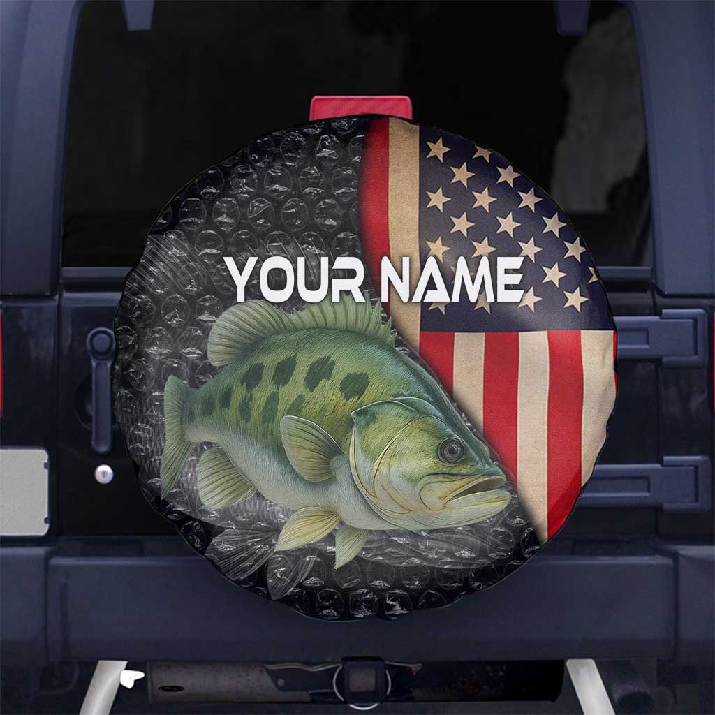 Custom Largemouth Bass Fishing Spare Tire Cover American Flag and Bubble Texture Background TS04