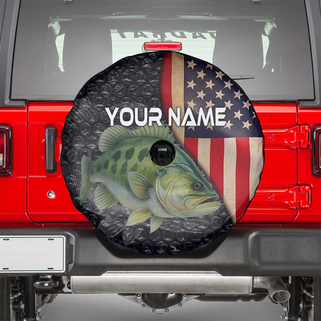 Custom Largemouth Bass Fishing Spare Tire Cover American Flag and Bubble Texture Background TS04