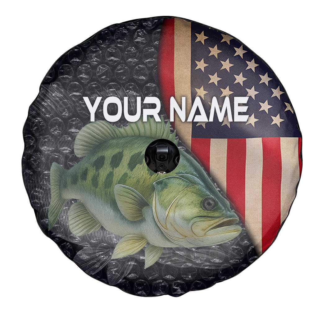 Custom Largemouth Bass Fishing Spare Tire Cover American Flag and Bubble Texture Background TS04
