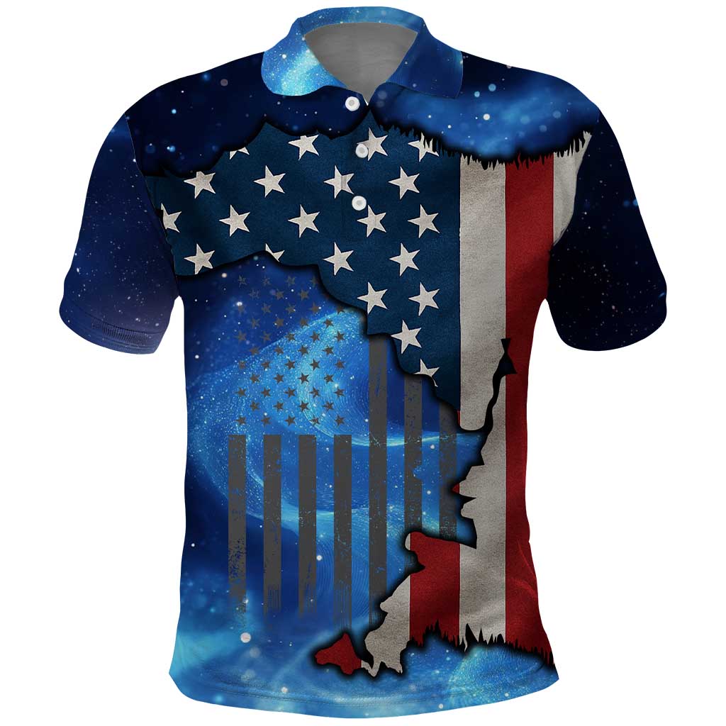 Custom American Flag Universe Patriotic Polo Shirt Blue Galaxy Sky Graphic Design TS04