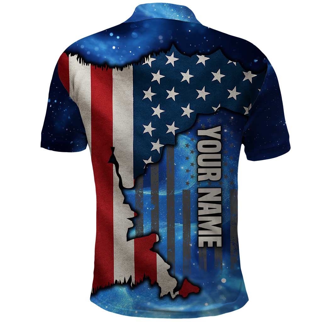 Custom American Flag Universe Patriotic Polo Shirt Blue Galaxy Sky Graphic Design TS04