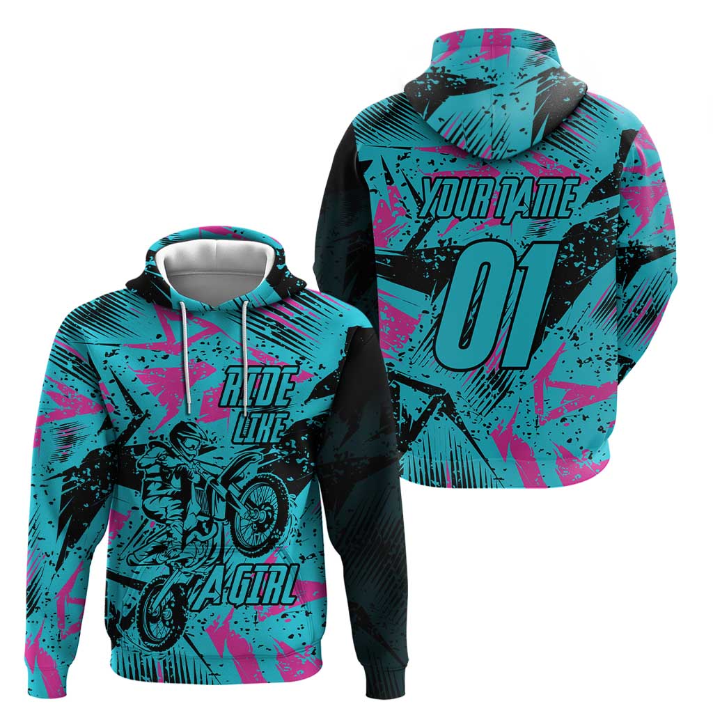 Personalized Ride Like a Girl Hoodie Motocross Graphic and Turquoise Pink Graffiti Design TS04