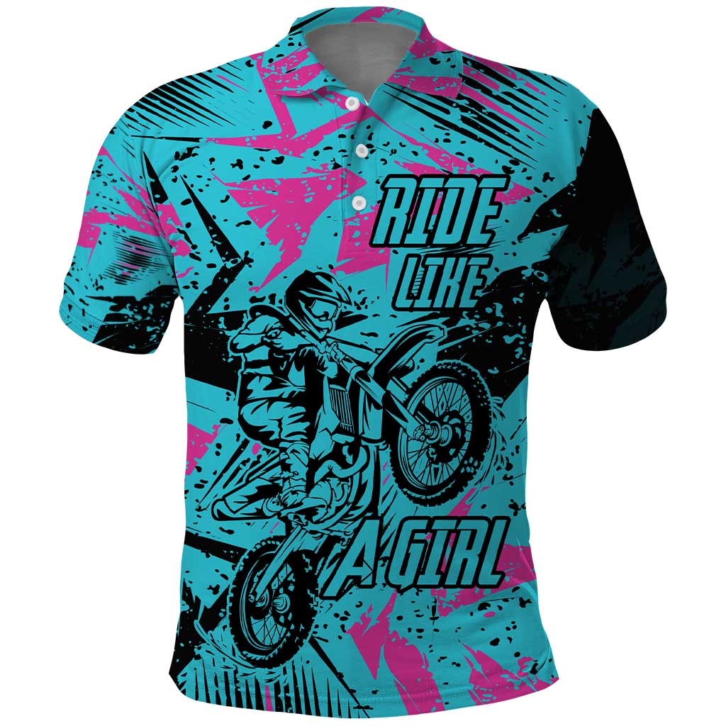 Personalized Ride Like a Girl Polo Shirt Motocross Graphic and Turquoise Pink Graffiti Design TS04