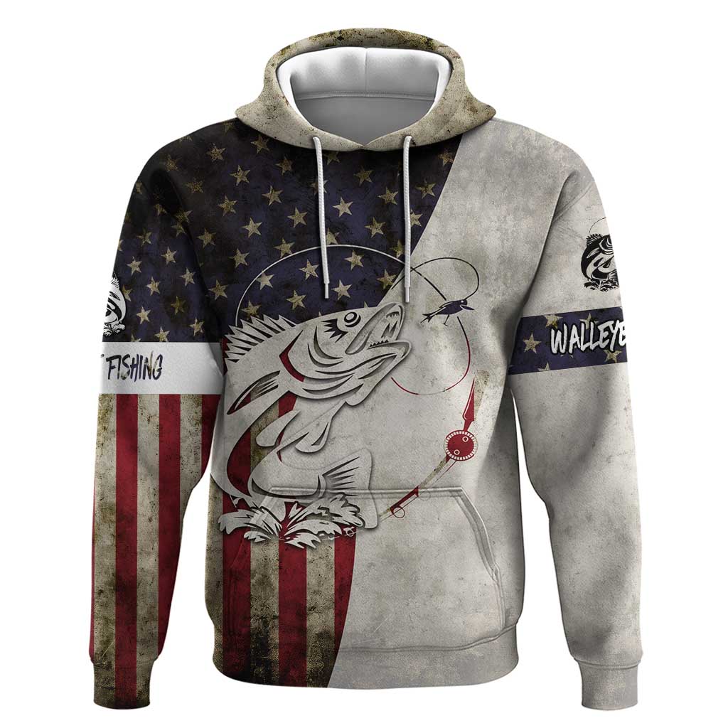 Walleye Fishing Hoodie American Flag Vintage Design and Custom Name Option TS04
