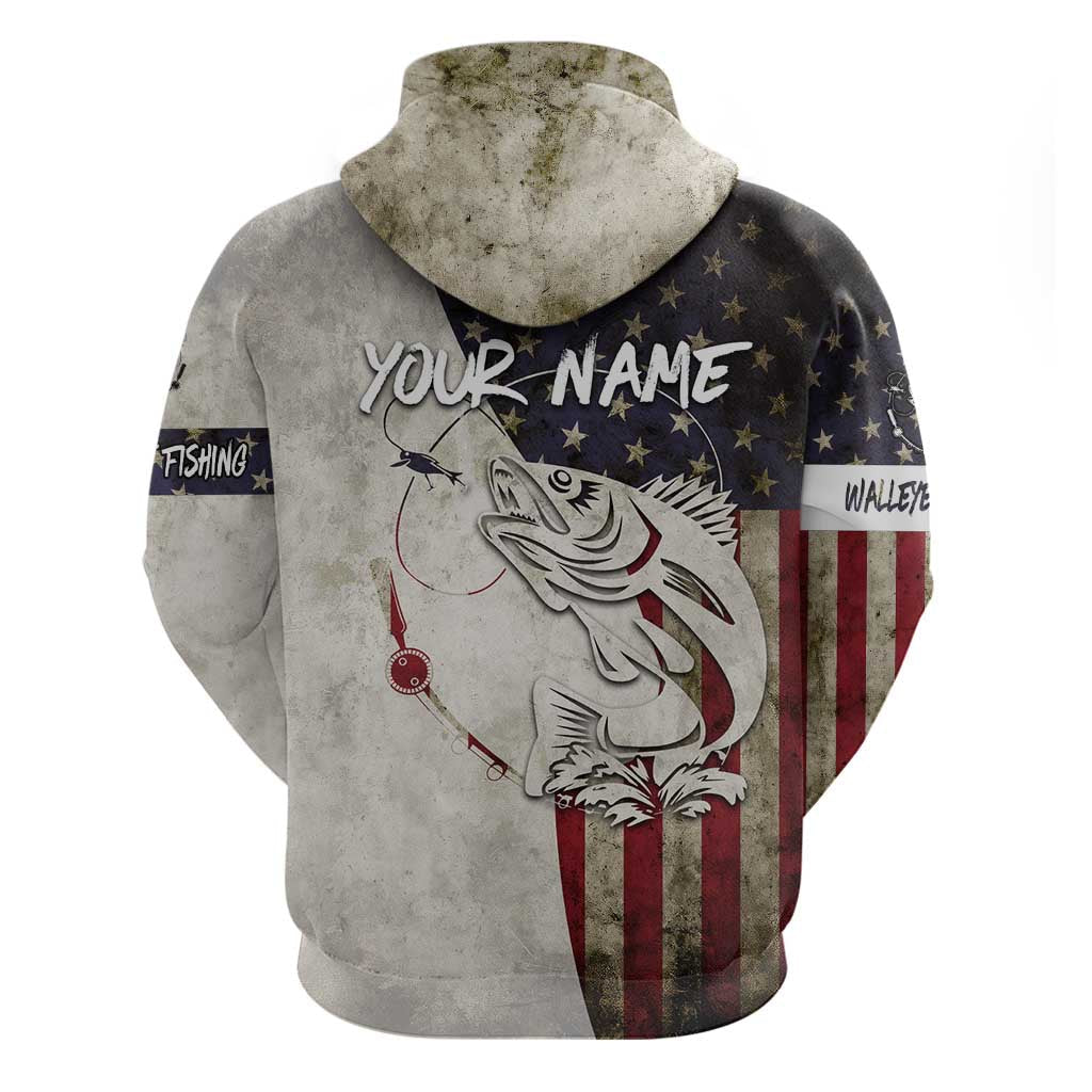 Walleye Fishing Hoodie American Flag Vintage Design and Custom Name Option TS04