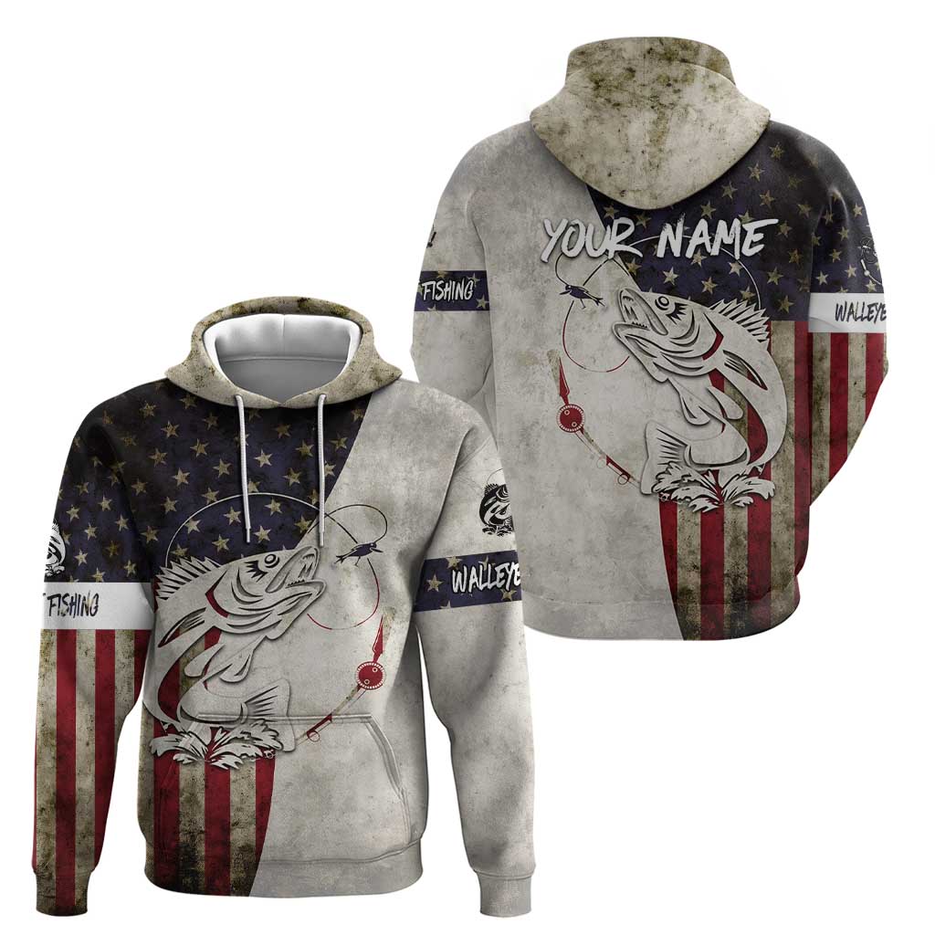 Walleye Fishing Hoodie American Flag Vintage Design and Custom Name Option TS04