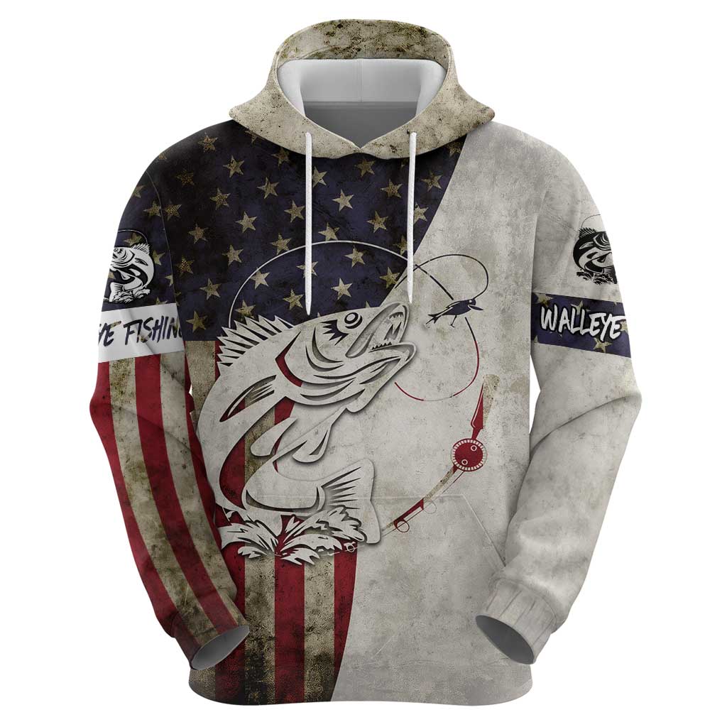 Walleye Fishing Hoodie American Flag Vintage Design and Custom Name Option TS04