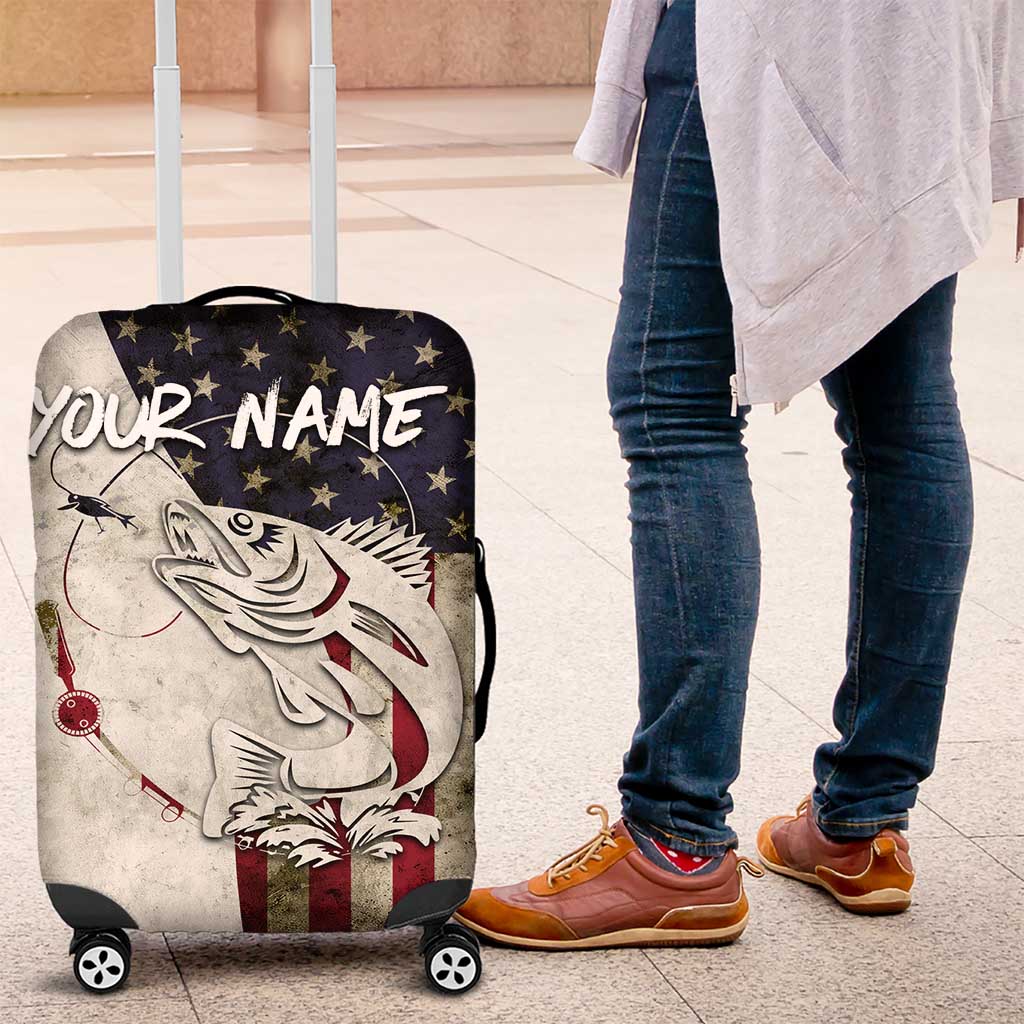 Walleye Fishing Luggage Cover American Flag Vintage Design and Custom Name Option TS04