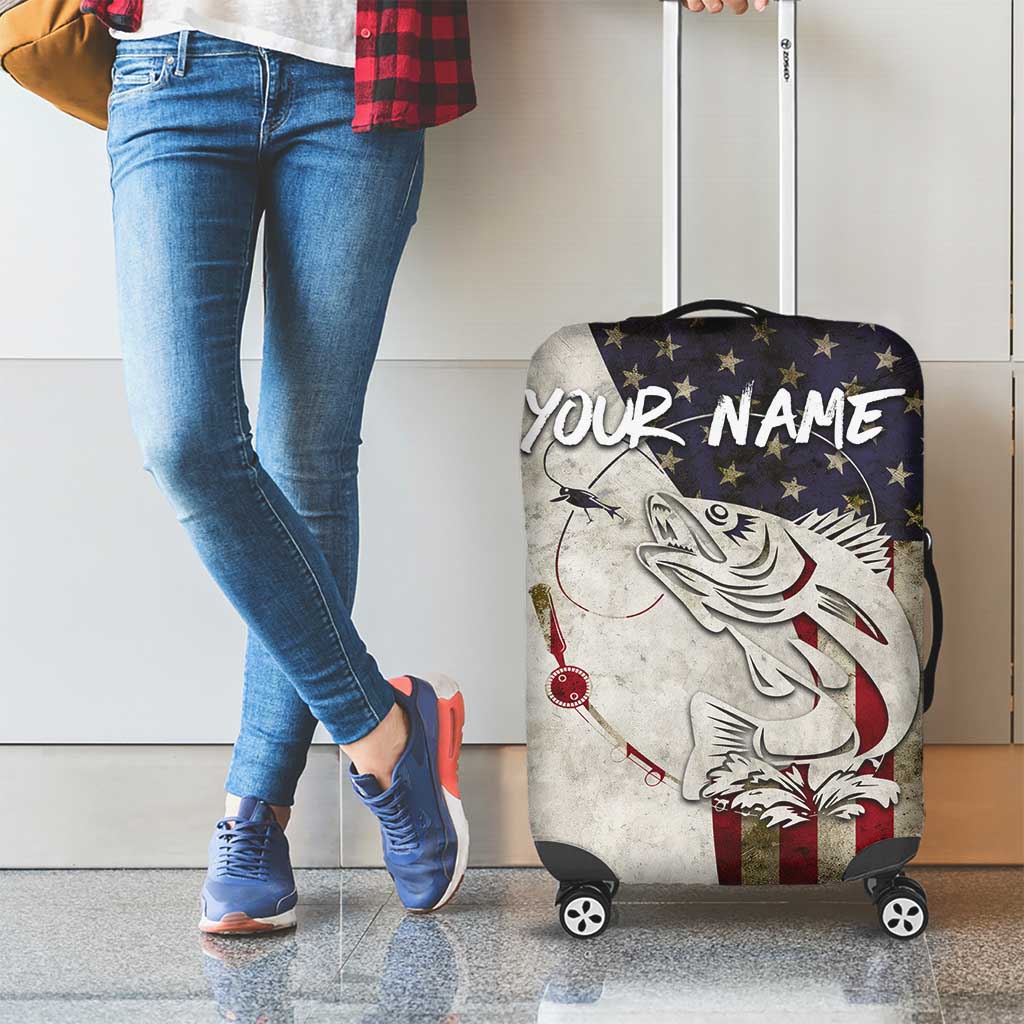 Walleye Fishing Luggage Cover American Flag Vintage Design and Custom Name Option TS04