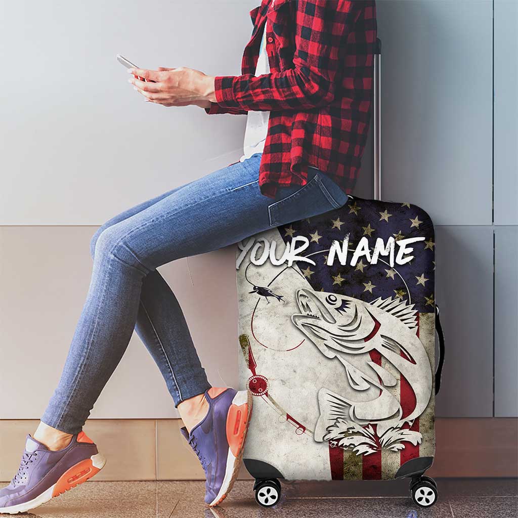 Walleye Fishing Luggage Cover American Flag Vintage Design and Custom Name Option TS04