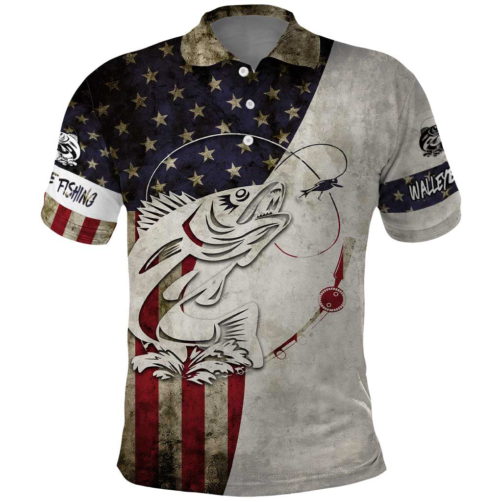 Walleye Fishing Polo Shirt American Flag Vintage Design and Custom Name Option TS04