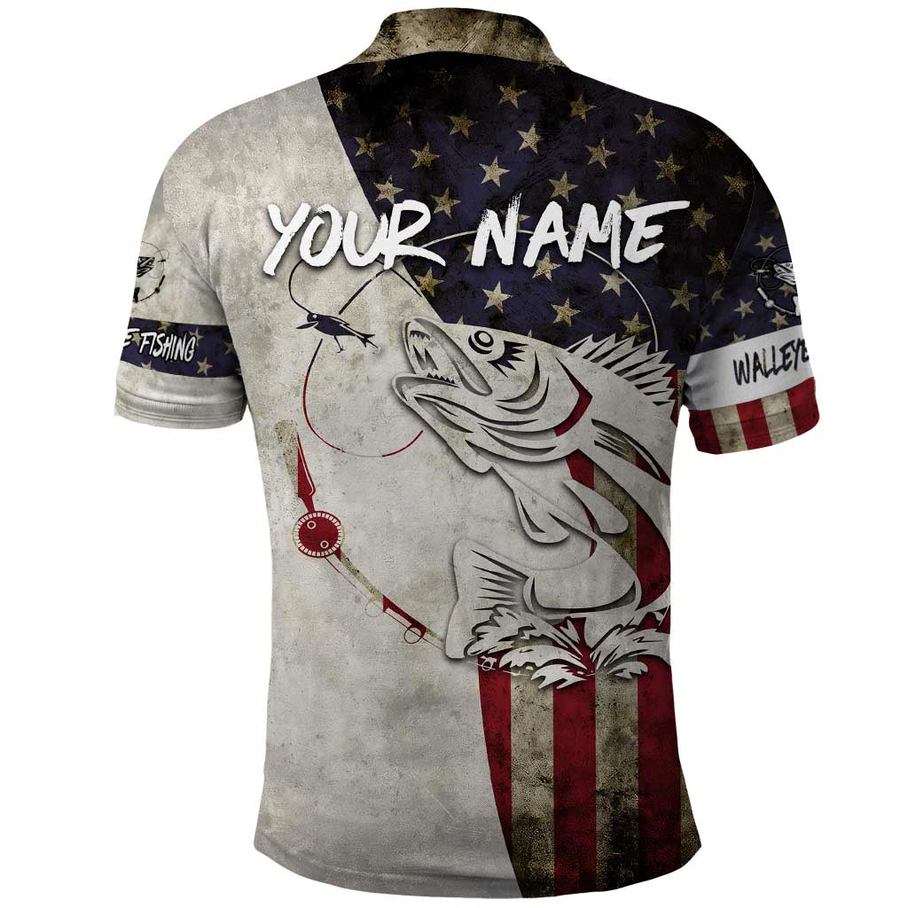 Walleye Fishing Polo Shirt American Flag Vintage Design and Custom Name Option TS04