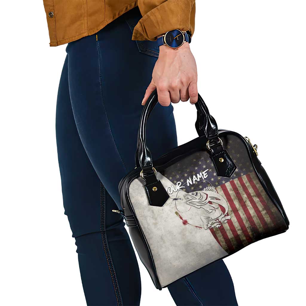 Walleye Fishing Shoulder Handbag American Flag Vintage Design and Custom Name Option TS04