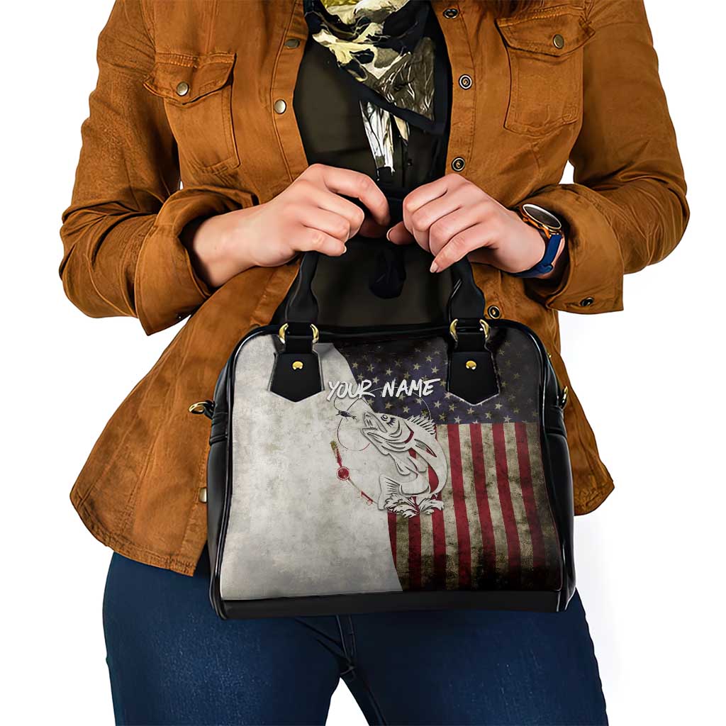 Walleye Fishing Shoulder Handbag American Flag Vintage Design and Custom Name Option TS04