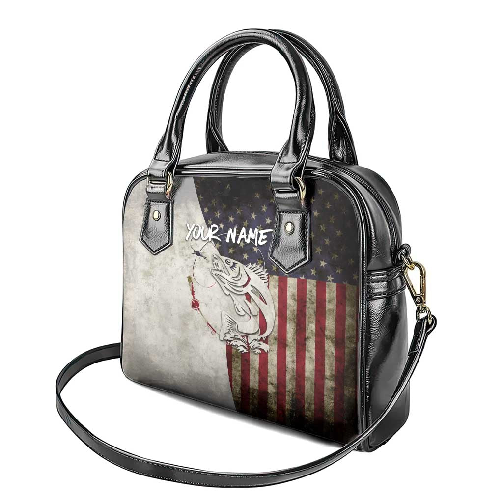 Walleye Fishing Shoulder Handbag American Flag Vintage Design and Custom Name Option TS04