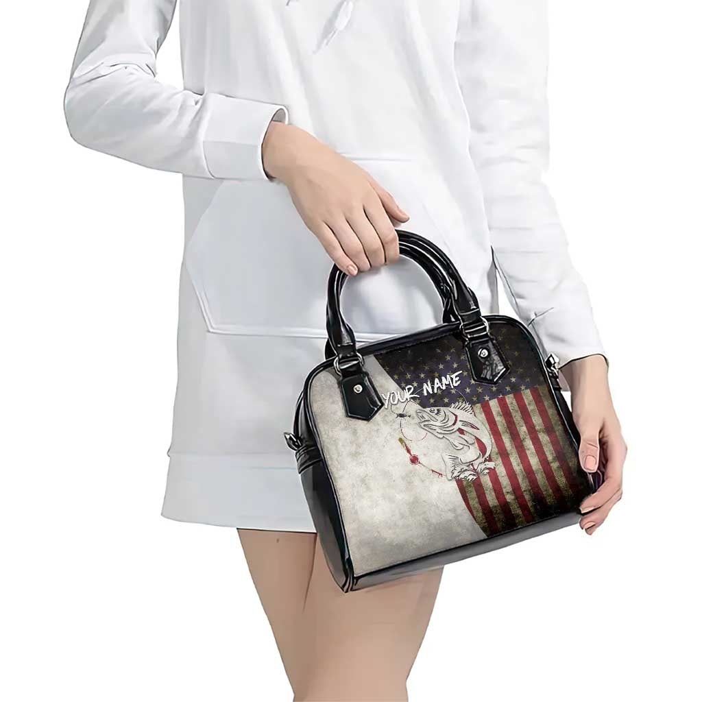 Walleye Fishing Shoulder Handbag American Flag Vintage Design and Custom Name Option TS04