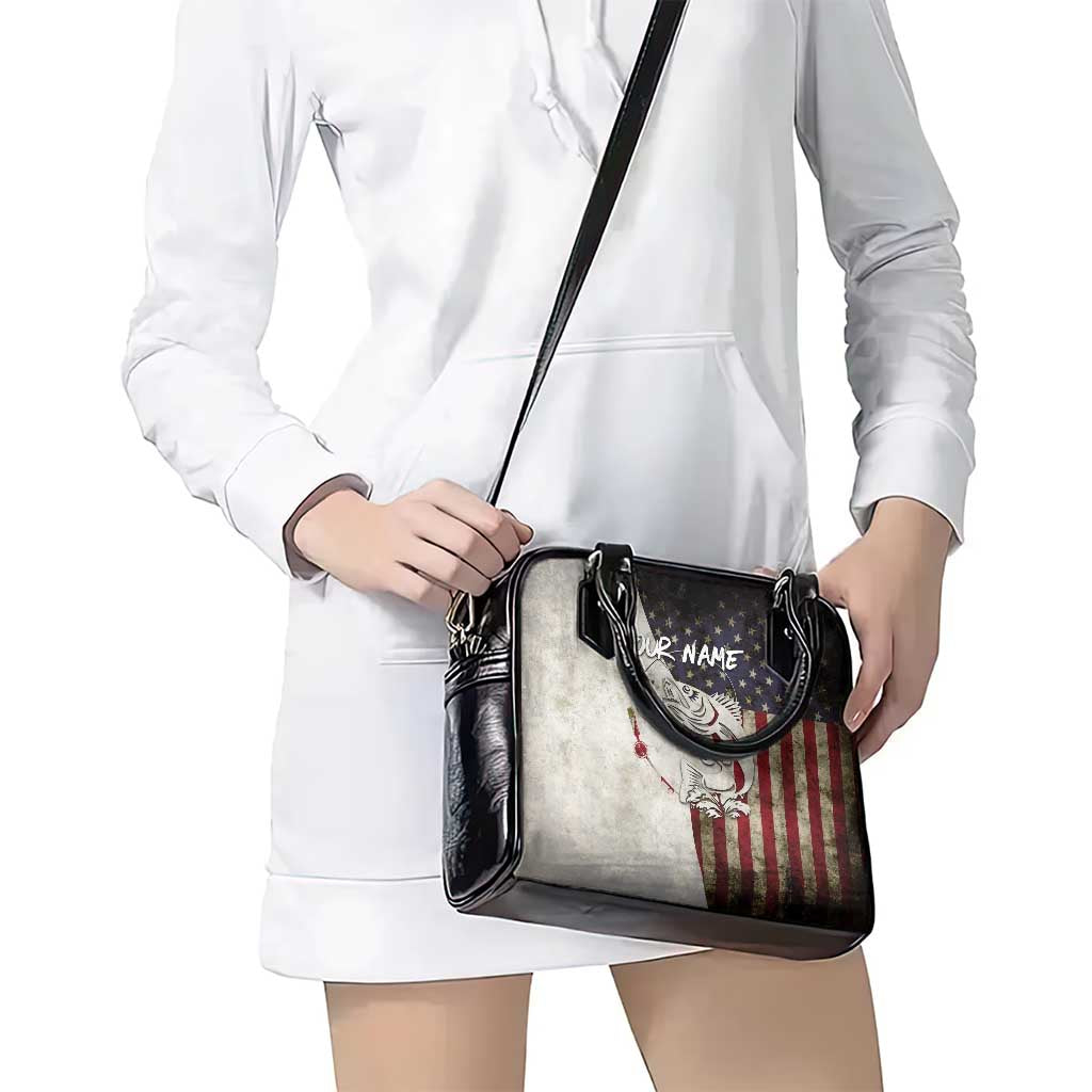 Walleye Fishing Shoulder Handbag American Flag Vintage Design and Custom Name Option TS04