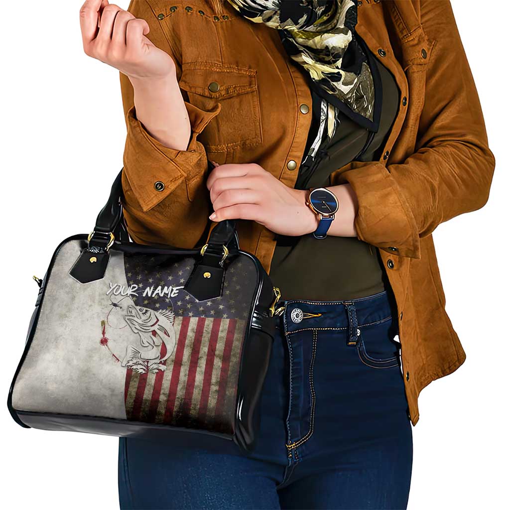 Walleye Fishing Shoulder Handbag American Flag Vintage Design and Custom Name Option TS04