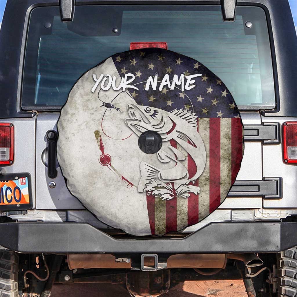 Walleye Fishing Spare Tire Cover American Flag Vintage Design and Custom Name Option TS04