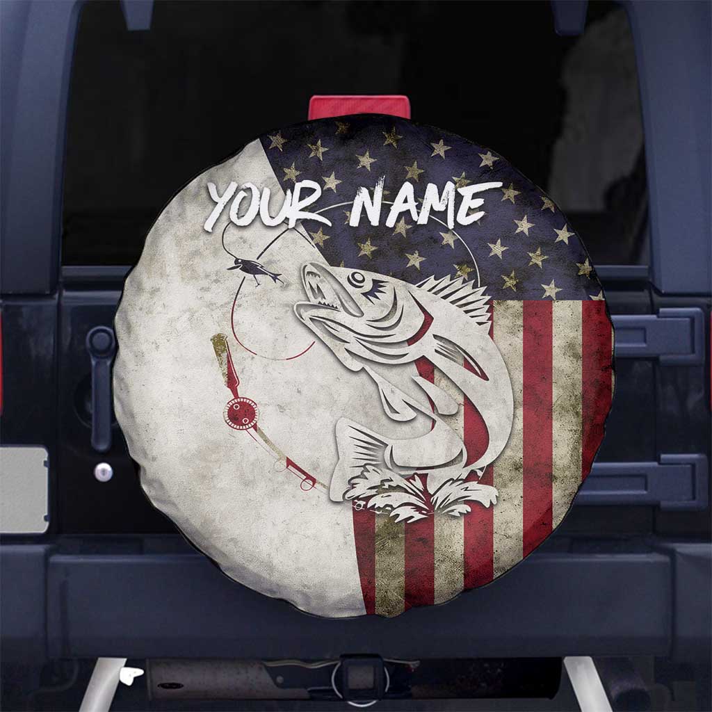 Walleye Fishing Spare Tire Cover American Flag Vintage Design and Custom Name Option TS04