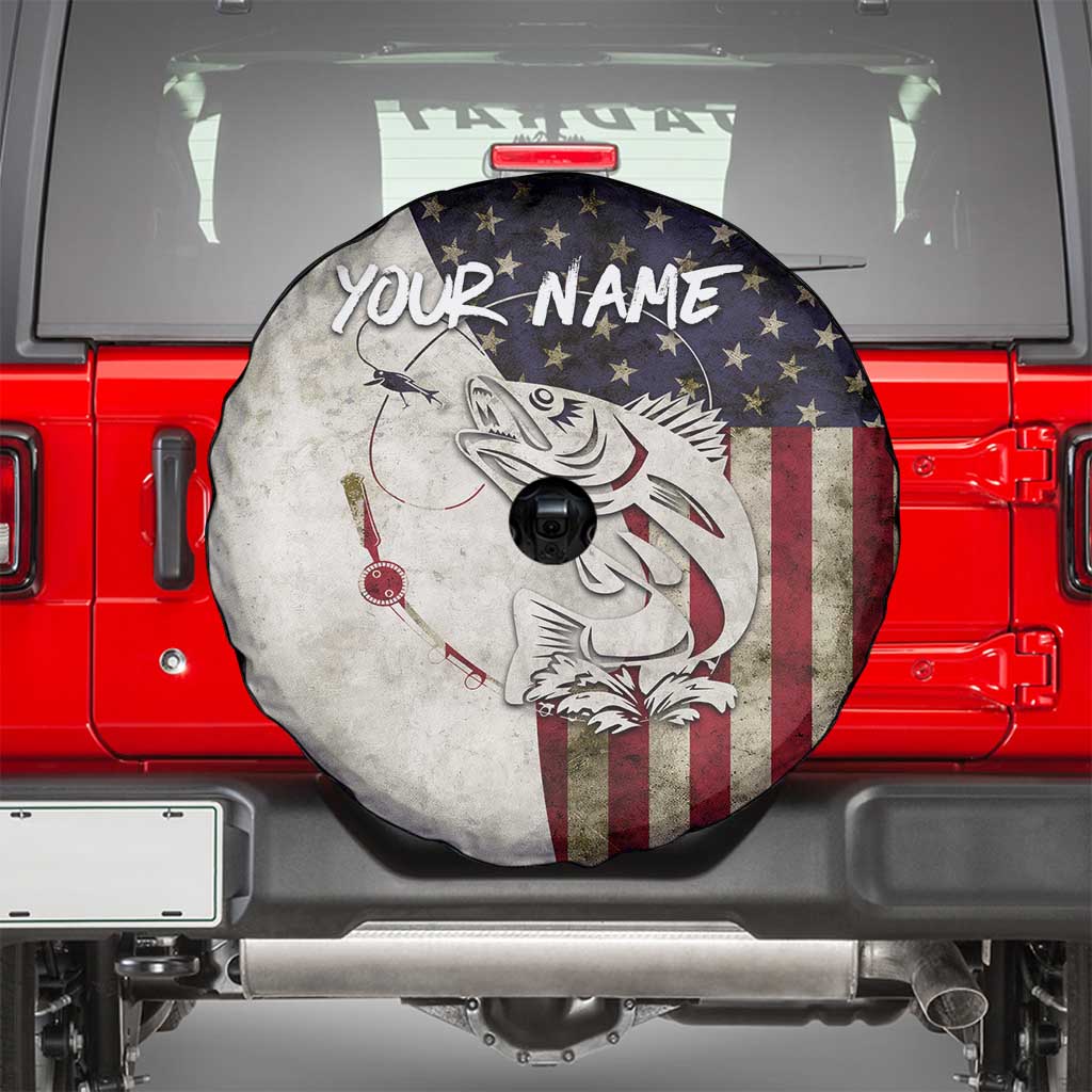 Walleye Fishing Spare Tire Cover American Flag Vintage Design and Custom Name Option TS04
