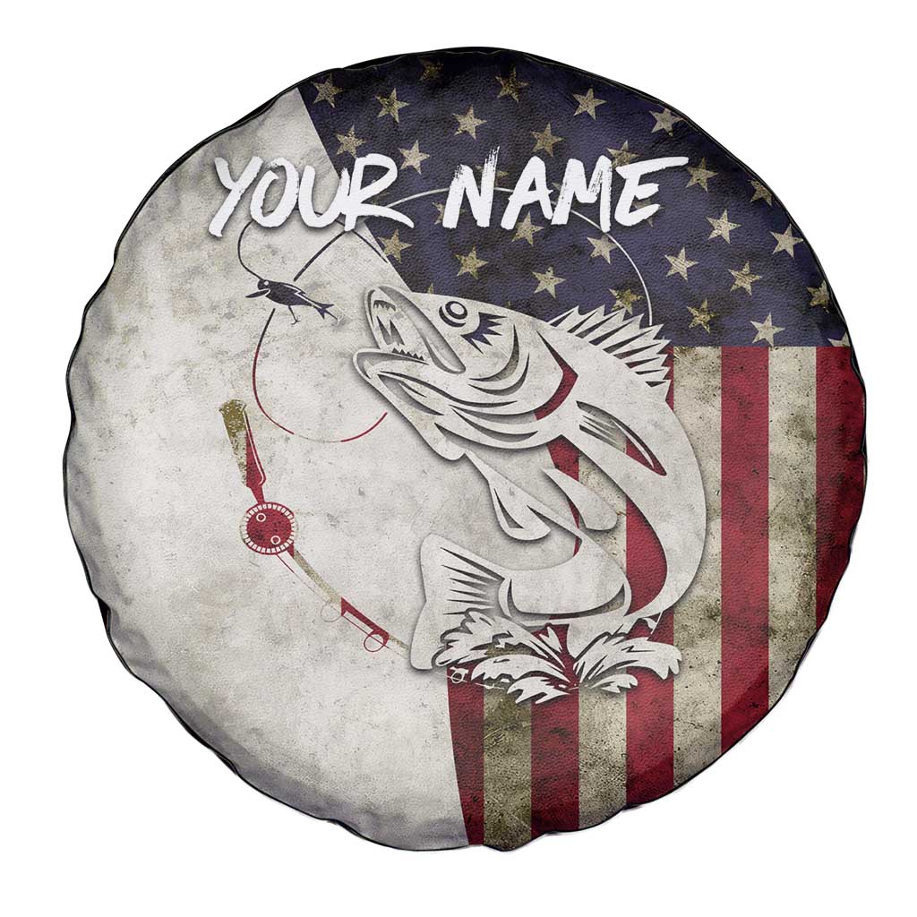 Walleye Fishing Spare Tire Cover American Flag Vintage Design and Custom Name Option TS04