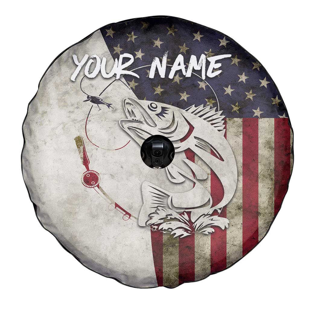 Walleye Fishing Spare Tire Cover American Flag Vintage Design and Custom Name Option TS04
