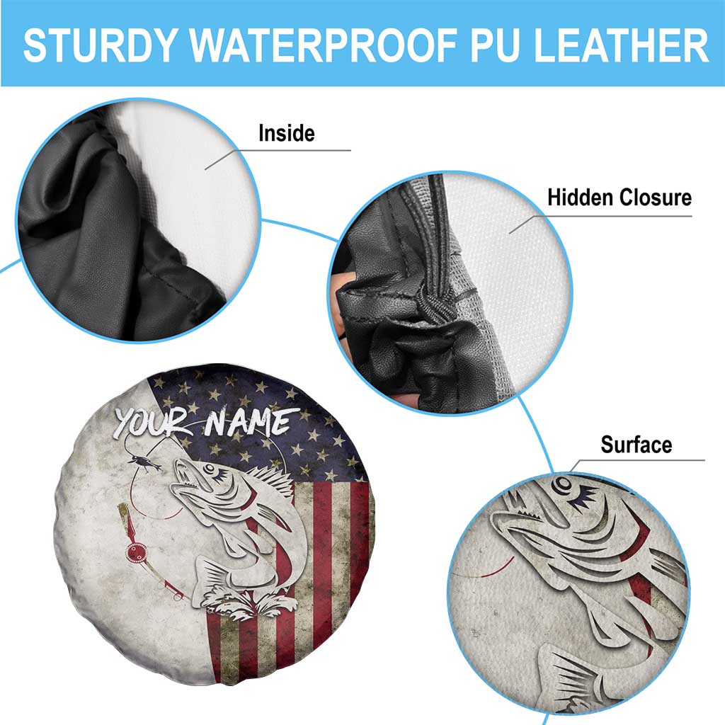 Walleye Fishing Spare Tire Cover American Flag Vintage Design and Custom Name Option TS04