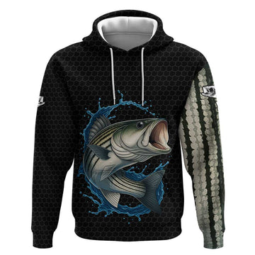 Striped Bass Jumping Hoodie Blue Splash Graphic and Custom Name Design TS04