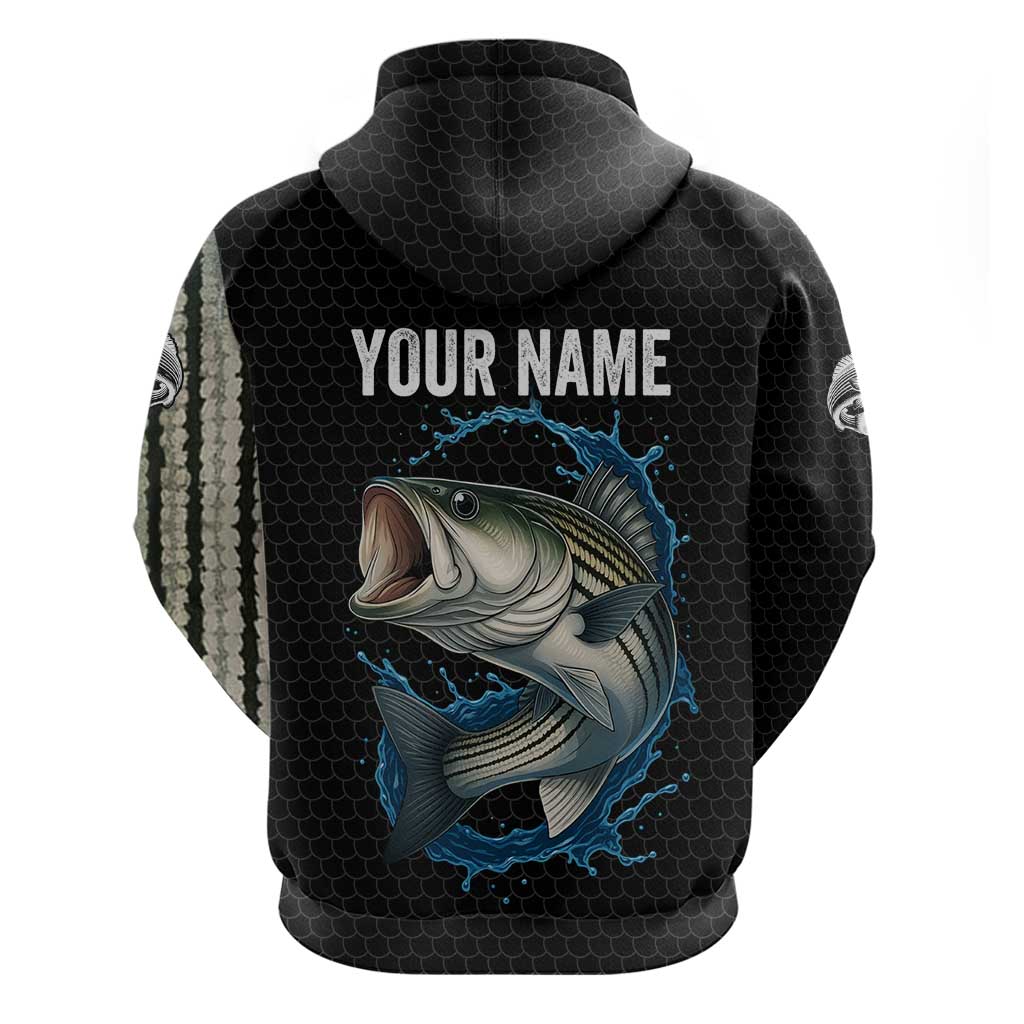 Striped Bass Jumping Hoodie Blue Splash Graphic and Custom Name Design TS04