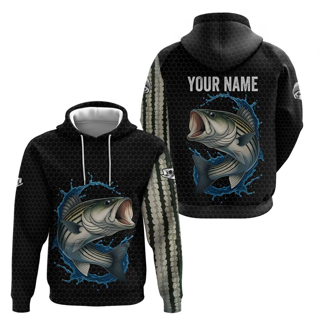 Striped Bass Jumping Hoodie Blue Splash Graphic and Custom Name Design TS04