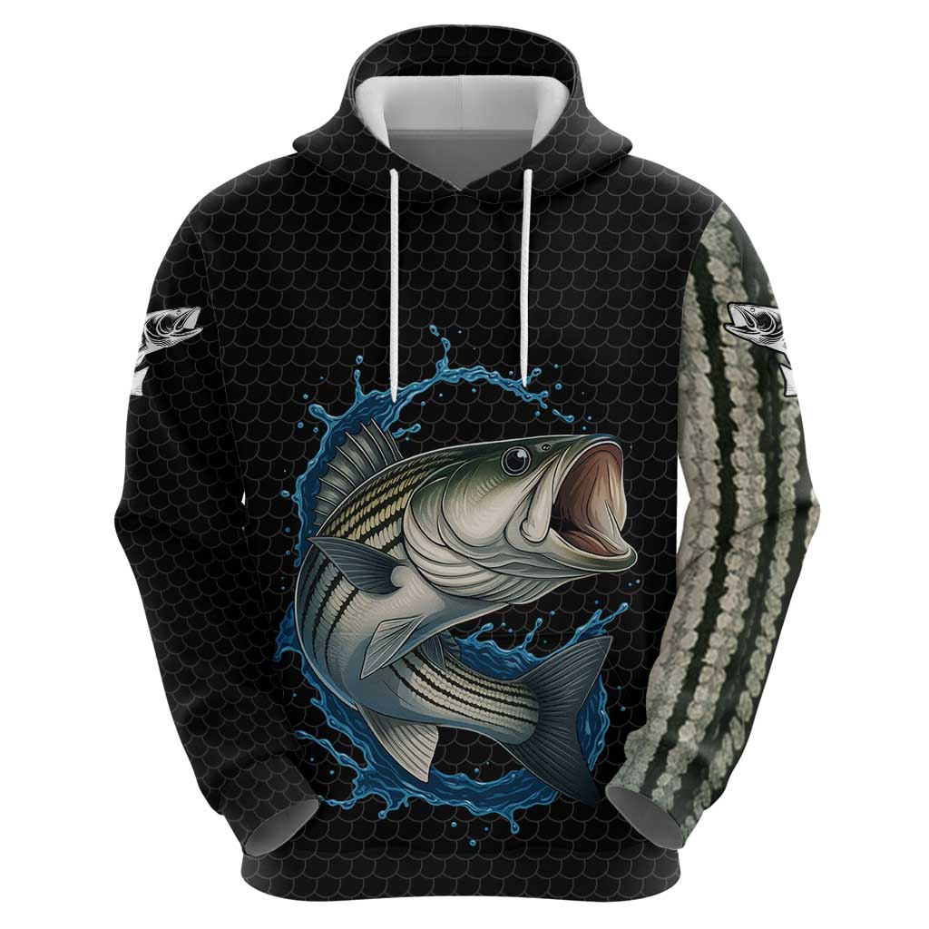 Striped Bass Jumping Hoodie Blue Splash Graphic and Custom Name Design TS04