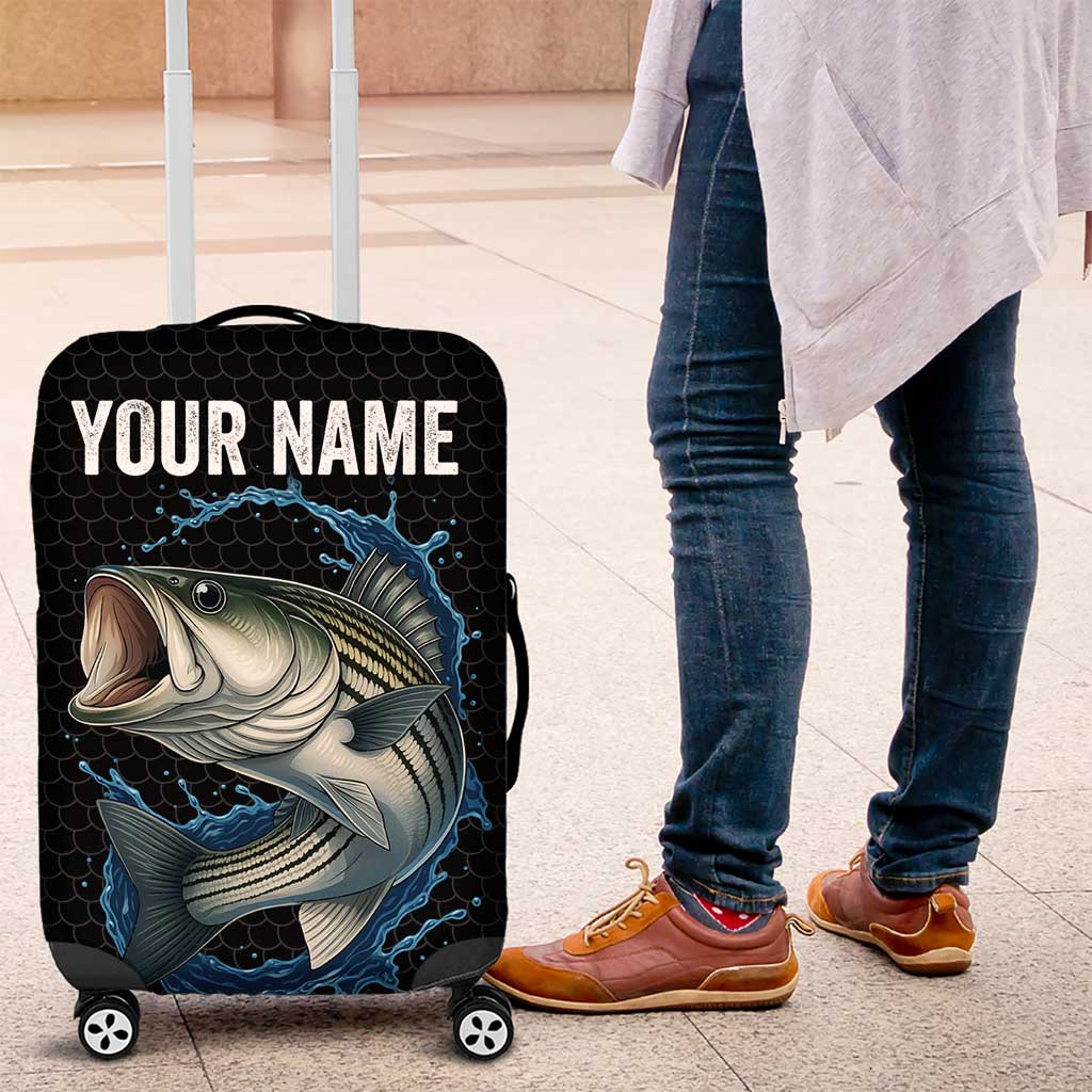 Striped Bass Jumping Luggage Cover Blue Splash Graphic and Custom Name Design TS04