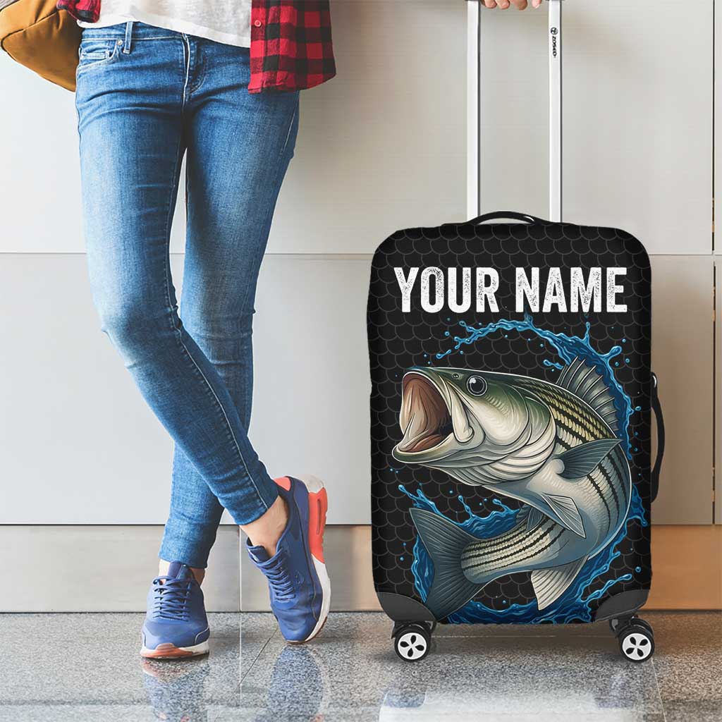 Striped Bass Jumping Luggage Cover Blue Splash Graphic and Custom Name Design TS04