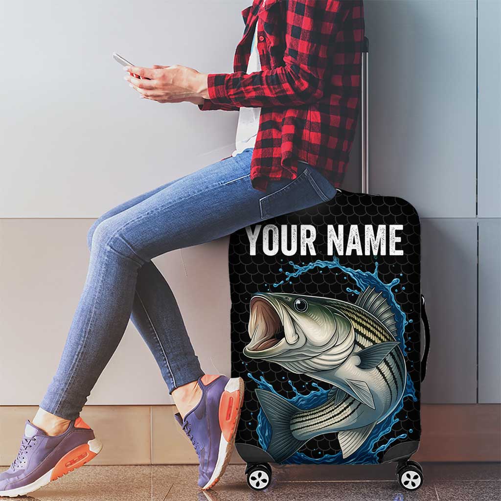 Striped Bass Jumping Luggage Cover Blue Splash Graphic and Custom Name Design TS04