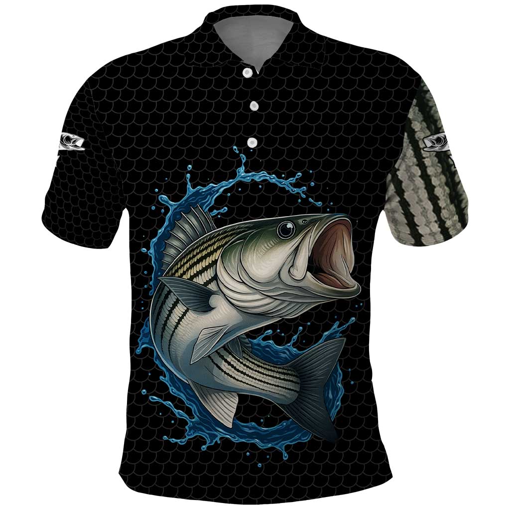 Striped Bass Jumping Polo Shirt Blue Splash Graphic and Custom Name Design TS04