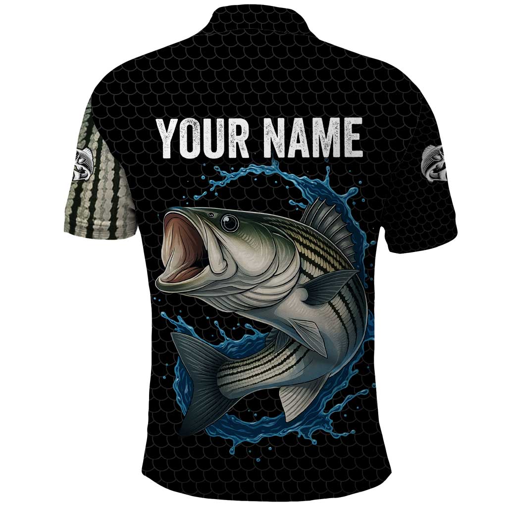 Striped Bass Jumping Polo Shirt Blue Splash Graphic and Custom Name Design TS04