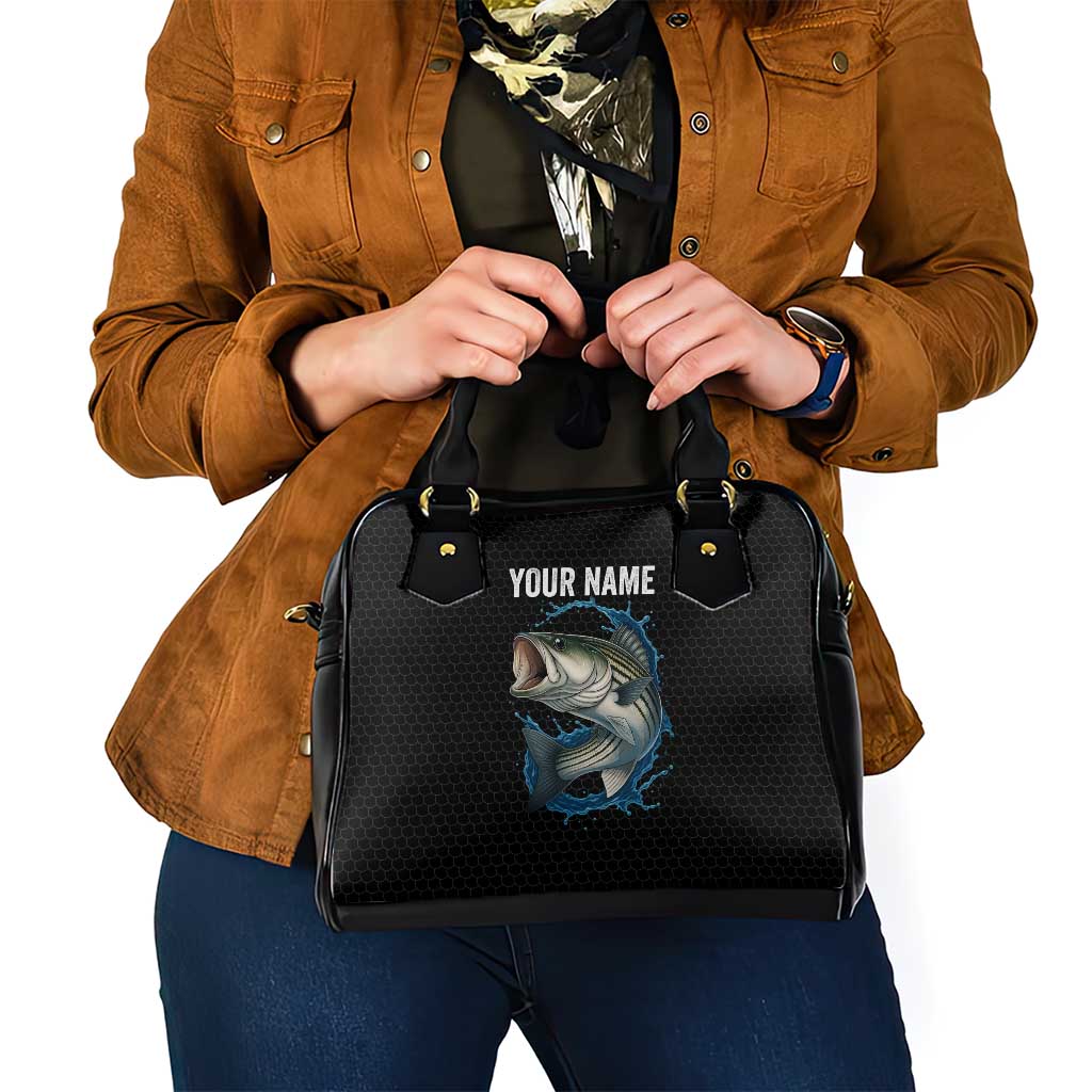 Striped Bass Jumping Shoulder Handbag Blue Splash Graphic and Custom Name Design TS04
