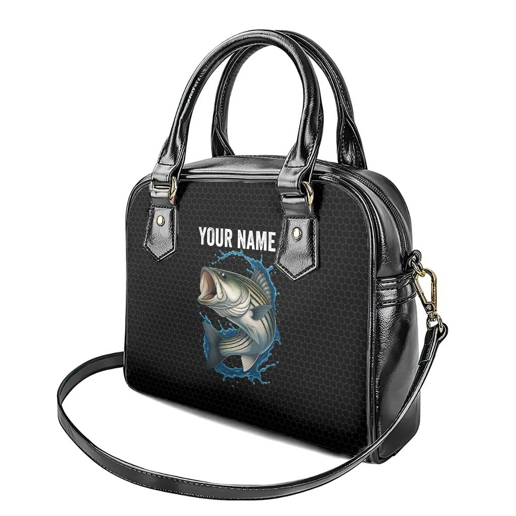 Striped Bass Jumping Shoulder Handbag Blue Splash Graphic and Custom Name Design TS04