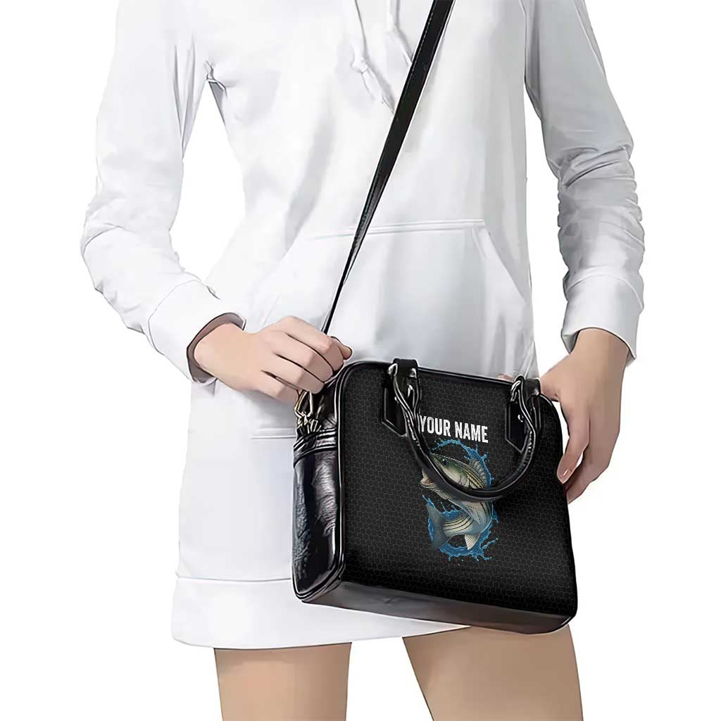 Striped Bass Jumping Shoulder Handbag Blue Splash Graphic and Custom Name Design TS04
