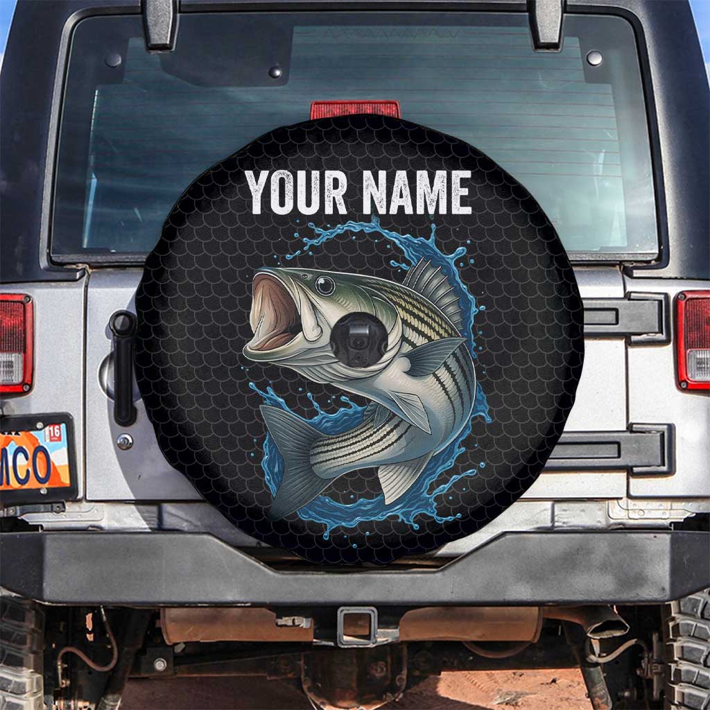 Striped Bass Jumping Spare Tire Cover Blue Splash Graphic and Custom Name Design TS04