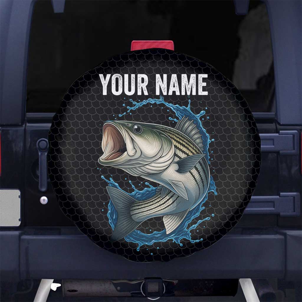 Striped Bass Jumping Spare Tire Cover Blue Splash Graphic and Custom Name Design TS04