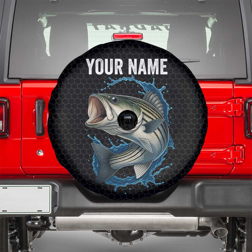 Striped Bass Jumping Spare Tire Cover Blue Splash Graphic and Custom Name Design TS04