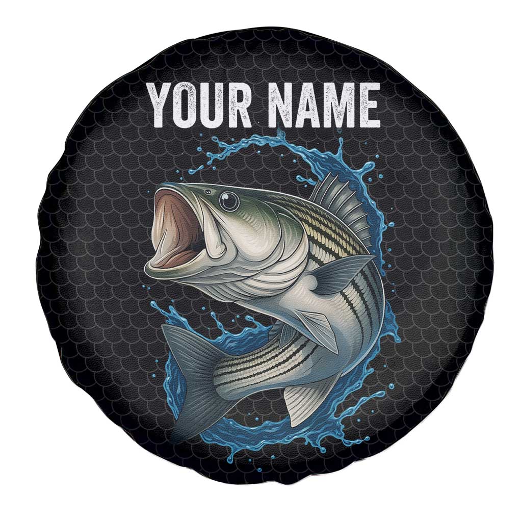 Striped Bass Jumping Spare Tire Cover Blue Splash Graphic and Custom Name Design TS04