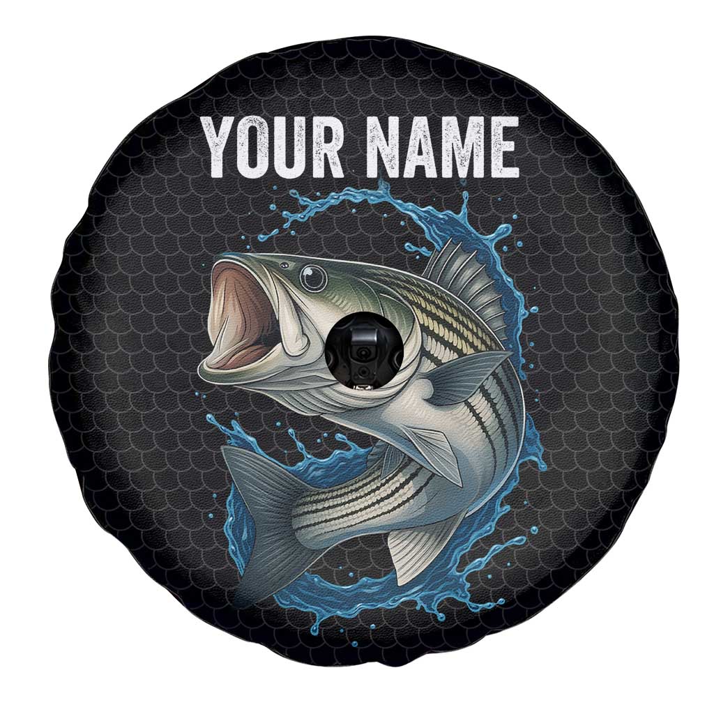 Striped Bass Jumping Spare Tire Cover Blue Splash Graphic and Custom Name Design TS04
